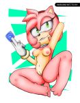  1girl amy_rose anthro areola bedroom_eyes blush bracelet breasts choker clothing condom furry gloves green_eyes hairband half-closed_eyes hand_behind_head hedgehog high_res holding_condom holding_object inkbunny inviting jewelry mammal navel nipples nude paws pussy seductive sega smile spread_legs spreading url 