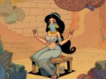 1girl akabur aladdin_(series) black_hair breasts clothed disney female long_hair princess_jasmine see-through see-through_clothes sitting veil