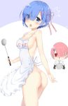 2_girls apron ass blue_eyes blue_hair blush breasts cute multiple_girls naked_apron pink_hair ram_(re:zero) re:zero_kara_hajimeru_isekai_seikatsu red_eyes rem_(re:zero) short_hair