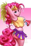  1girl 1girl 2018 absurd_res anthro ass butt_pose clothing cutie_mark digital_media_(artwork) earth_pony equine friendship_is_magic furry hair high_res horse long_hair mammal my_little_pony mykegreywolf pink_hair pinkie_pie_(mlp) pony skirt smile 