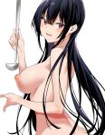 1girl 1girl 1girl apron areola big_breasts black_hair blush breasts clothing dimples_of_venus erect_nipples haitekudasai_takamine-san hiiragi_yuuichi ladle long_hair looking_at_viewer looking_back nipples red_eyes sideboob sidelocks simple_background smile takamine_takane third-party_edit very_long_hair white_background