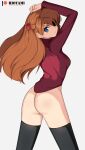  1girl ass asuka_langley asuka_langley_shikinami asuka_langley_souryuu blue_eyes bottomless breasts cosplay eyepatch fate/stay_night fate_(series) high_resolution hioyami long_hair long_sleeves neon_genesis_evangelion orange_hair rebuild_of_evangelion red_sweater small_breasts stockings sweater tohsaka_rin tohsaka_rin_(cosplay) two_side_up 