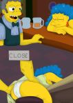 bar blue_hair green_dress green_hair marge_simpson milf moe_szyslak sleeping tabaarus the_simpsons underwear yellow_skin