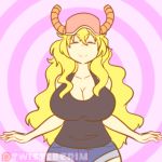 1:1_aspect_ratio animated blonde bouncing_breasts breasts cap closed_eyes denim denim_shorts dragon_horns flashing gif horns huge_breasts large_filesize long_hair miss_kobayashi's_dragon_maid multicolored_eyes nipples quetzalcoatl_(dragon_maid) shirt shirt_lift shorts twistedgrim