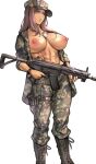 1girl 1girl 1girl big_breasts blush breasts breasts_out_of_clothes clothing curvaceous curves curvy_female curvy_figure female_only female_solo gun high_resolution holding_gun holding_weapon huge_breasts jonasan long_hair mature mature_female mature_woman milf military military_uniform nipples no_bra nude original pants plump shiny shiny_skin simple_background standing uniform very_high_resolution voluptuous weapon white_background