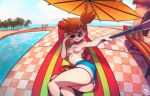 1girl breasts female female_human female_only human kasumi_(pokemon) looking_at_viewer misty no_bra orange_hair outdoor outside pokemon selfie_stick selfpic shorts solo topless