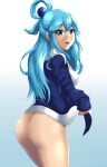 1girl 1girl 1girl aqua_(konosuba) ass bangs bare_ass blue_background blue_eyes blue_hair blush bottomless breasts clothing cowboy_shot eyebrows_visible_through_hair from_behind fur_trim gradient gradient_background hair_ornament high_resolution jacket kono_subarashii_sekai_ni_shukufuku_wo! leonart long_hair looking_at_viewer matching_hair_and_eye_color medium_breasts nopan open_mouth simple_background tied_hair tongue upper_teeth white_background