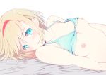 1girl 1girl 1girl alice_margatroid bare_shoulders blonde blue_bra blue_eyes blue_underwear bra bra_lift breasts clavicle eyebrows_visible_through_hair hairband looking_at_viewer lying nipples nirap on_back parted_lips red_hairband short_hair simple_background small_breasts touhou underwear_sex white_background