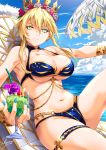  anime artist_name beach bikini blonde_hair blue_nail_polish blue_nails breasts chair cleavage drink drinking drinks looking_at_viewer nail_polish ocean original painted_nails sakiyamama signature swimsuit umbrella water 