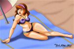 1girl beach beach_blanket beach_towel beach_umbrella bikini breasts daphne_blake dastigy female_only full_body hairband nipples_visible_through_clothing scooby-doo solo_female thighs