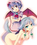  2girls animal_ears bandage bandages bandaid bandaids_on_nipples bat_wings collar dog_ears dog_tail female hat inu_sakuya izayoi_sakuya kemonomimi_mode leash mei multiple_girls nude pasties pink_hat remilia_scarlet sakuya_izayoi subaru_(yachika) tail touhou wings 