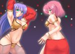  2girls aqua_eyes armpits arms_up blue_hair blush bracelet breasts cleavage dancer dancer_(ragnarok_online) dancer_(ro) detached_sleeves erect_nipples gypsy_(ragnarok_online) jewelry long_hair looking_back lots_of_jewelry mole multiple_girls nipples pink_hair purple_hair ragnarok_online see-through short_hair smile underboob underring 