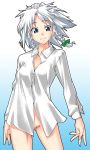 blue_eyes bottomless braid dress_shirt female game gengorou grey_hair izayoi_sakuya no_panties plait sakuya sakuya_izayoi shirt short_hair silver_hair touhou white_hair white_shirt