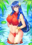  1girl alluring alternate_costume bikini blue_eyes blue_hair bracelet caeda caeda_(fire_emblem) covered_erect_nipples female_focus female_only fire_emblem fire_emblem:_mystery_of_the_emblem fire_emblem_heroes flower hair_flower hair_ornament high_res jewelry looking_at_viewer matching_hair/eyes midriff nintendo official_alternate_costume partially_submerged red_bikini revolverwingstudios smile swimsuit water wet 