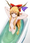 bath bathtub blonde_hair brown_eyes female highres horns ibuki_suika karu_mono karukei long_hair nude ribbon suika_ibuki touhou water