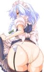 1girl ass black_legwear blue_hair blush bow braid cameltoe female garter_belt gizensha hair_bow huge_ass izayoi_sakuya looking_back maid maid_headdress oekaki panties pussy_juice red_eyes sakuya_izayoi simple_background skirt skirt_lift solo thick_thighs thighhighs thighs touhou underwear upskirt white_background wide_hips