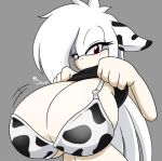  2013 angelthecatgirl animal_print anthro big_breasts bovid bovine bra breasts cattle cleavage clothed clothing cow_print fan_character female hair hi_res huge_breasts long_hair looking_at_viewer mammal mekana raised_clothing raised_shirt raised_topwear red_eyes sega shirt solo sonic_the_hedgehog_(series) topwear underwear white_hair 