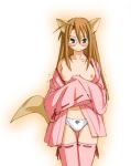  1girl animal_ears bow bow_panties breasts brown_hair chisame_hasegawa fox_ears glasses hasegawa_chisame kasuga_yukihito long_hair mahou_sensei_negima mahou_sensei_negima! negima nipples no_bra open_clothes open_robe panties robe solo standing tail thigh_gap thighhighs underwear white_panties 