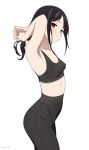  1girl absurd_res adjusting_hair armpits black_hair black_pants black_sports_bra breasts closed_mouth collarbone coro_fae covered_nipples cowboy_shot expressionless from_side head_tilt high-waist_pants high_res kaguya-sama_wa_kokurasetai_~tensai-tachi_no_renai_zunousen~ leggings light_blush long_hair looking_at_viewer midriff paid_reward_available pants red_eyes sfw shinomiya_kaguya sidelocks simple_background small_breasts sports_bra sportswear twitter_username white_background 