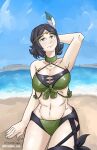  1girl 1girl abs alluring alternate_costume athletic_female bare_arms beach big_breasts big_breasts bikini black_hair claraspregs feathers female_abs fire_emblem fire_emblem_awakening fire_emblem_heroes fit_female green_bikini green_eyes looking_at_viewer nintendo noire_(fire_emblem) noire_(summer)_(fire_emblem) sea seaside short_black_hair sky swimsuit thick_thighs water wide_hips 