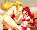  2_girls alluring athletic_female big_breasts blonde_hair boxing boxing_gloves boxing_ring cleavage female_abs fit_female green_eyes jadenkaiba pyrrha_nikos red_hair rwby short_gym_shorts sports_bra yang_xiao_long 