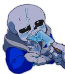 1boy 2020s 2022 ambiguous_fluids animated_skeleton basho_lizard blue_blush blue_hoodie blue_jacket blue_popsicle blue_tongue blush bottom_sans clothed fluids hand hooded_jacket hoodie jacket male_focus monster pixiv_id_7835302 popsicle sans sans_(undertale) sexually_suggestive skeleton solo_focus submissive suggestive suggestive_fluid suggestive_food tongue tongue_out uke_sans undead undertale undertale_(series) upper_body white_background