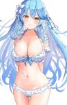  1girl 1girl :t arched_back arm_garter big_breasts bikini bikini_skirt blue_hair blush breasts brown_eyes cleavage colored_tips cowboy_shot curvy double-parted_bangs flower frilled_bikini frills groin hair_flower hair_ornament hololive hololive_summer_2022_swimsuit long_hair looking_at_viewer lowleg lowleg_bikini miniskirt multicolored_hair narrow_waist navel official_alternate_costume pointy_ears pout print_bikini skirt stomach streaked_hair swimsuit thigh_gap tsetainsu very_long_hair virtual_youtuber white_background white_bikini white_flower wide_hips yellow_eyes yukihana_lamy 