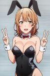  1girl alluring amber_eyes auburn_hair bunny_outfit cleavage isshiki_iroha medium_breasts nios peace_gesture playboy_bunny yahari_ore_no_seishun_lovecome_wa_machigatteiru. 