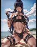 1girl 1girl alluring arm_behind_back artist_name athletic_female azur_lane barefoot beach big_breasts bikini black_bikini black_garter_straps black_gloves black_hair blunt_bangs blurry blurry_background breasts bridal_garter choker commentary covered_nipples crotch_zipper dandon_fuga day dead_or_alive dead_or_alive_5 dead_or_alive_xtreme depth_of_field detached_sleeves english_commentary female_abs fingerless_gloves fishnet_sleeves fishnets fit_female full_body garter_straps gloves hair_tubes hair_twirling high_res hime_cut layered_bikini leather_bikini lips long_hair looking_at_viewer makeup mascara mole mole_under_mouth multi-strapped_bikini navel nyotengu nyotengu_(scarlet-tinged_hot_spring_vacation)_(doa) o-ring o-ring_bikini o-ring_choker ocean outside paid_reward_available purple_eyes ribbon sand skindentation swimsuit tan thighs under_boob zipper zipper_bikini