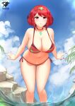  1girl alluring aqua_bikini arms_at_sides artist_name beach bikini choker collarbone fingernails kaos_art leaning_forward long_fingernails looking_at_viewer milf multicolored_bikini multicolored_clothes navel outside patreon_username pyra_(xenoblade) red_bikini red_eyes red_hair red_nails rock short_hair side-tie_bikini_bottom smile sunlight swept_bangs swimsuit wading water xenoblade_(series) xenoblade_chronicles_(series) xenoblade_chronicles_2 