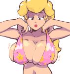  1girl big_breasts bikini bikini_top blonde_hair blue_earrings blue_eyes breasts cleavage clothed clothing ear_piercing earrings eyelashes half-closed_eyes half-length_portrait immisterplow light-skinned_female light_skin long_hair looking_at_breasts looking_at_own_breasts looking_down mario_(series) nintendo nipple_outline piercing portrait princess_peach sexy sexy_body sexy_breasts shiny shiny_skin simple_background super_mario_bros. topwear upper_body white_background 