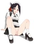 1girl 1girl alternate_costume black_hair breasts commentary coro_fae cum cum_in_pussy enmaided folded_ponytail hair_ribbon high_res kaguya-sama_wa_kokurasetai_~tensai-tachi_no_renai_zunousen~ knees_up legs m_legs maid maid_headdress open_mouth pussy red_eyes red_ribbon ribbon shinomiya_kaguya simple_background small_breasts socks spread_legs symbol-only_commentary uncensored white_background white_socks