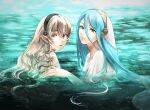  2_girls alluring azura_(fire_emblem) bathing bavaa black_headband blue_hair closed_mouth commentary corrin_(fire_emblem) corrin_(fire_emblem)_(female) fire_emblem fire_emblem_fates grey_hair hair_between_eyes hair_tubes headband in_water long_hair looking_at_viewer multiple_girls nintendo panties parted_bangs partially_submerged pointy_ears red_eyes shirt underwear veil very_long_hair water wet wet_clothes wet_hair wet_shirt white_shirt white_veil yellow_eyes 