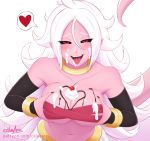  &lt;3 1girl ahegao android_21 armwear big_breasts black_sclera breasts candy cherry_(fruit) chocolate clothing covered_breasts cslucaris dragon_ball dragon_ball_super food fruit hair holidays invalid_tag jewelry lavender_hair looking_at_viewer looking_pleasured majin_android_21 messy not_furry pink_skin red_eyes simple_background suggestive valentine&#039;s_day whipped_cream white_hair 