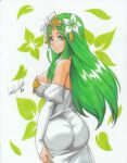  1girl 1girl 2022 alluring ass ass_focus big_breasts breasts cleavage commission dress fire_emblem fire_emblem:_three_houses flower flower_on_head green_eyes green_hair hand_on_own_hip high_res huge_ass jewelry leaf leaf_background long_hair mature_female nintendo ravern_clouk ravernclouk_design rhea_(fire_emblem) sleeveless sleeveless_dress tight_clothes white_dress 