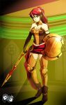  1girl alluring cleavage green_eyes jadenkaiba lance lance_and_shield pin_up pyrrha_nikos red_hair rwby shield weapons 