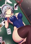 1girl anime bunnysuit card half-closed_eyes looking_at_viewer lying on_back sakuya_izayoi table touhou white_hair