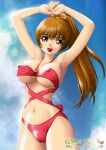  1girl alluring arms_up artist_name big_breasts bikini breasts brown_eyes brown_hair covered covered_erect_nipples dead_or_alive dead_or_alive_2 dead_or_alive_3 dead_or_alive_4 dead_or_alive_5 dead_or_alive_6 dead_or_alive_xtreme dead_or_alive_xtreme_2 dead_or_alive_xtreme_3_fortune dead_or_alive_xtreme_beach_volleyball female_focus kasumi kasumi_(doa) long_hair looking_at_viewer matching_hair/eyes midriff navel onoe open_mouth ponytail smile standing swimsuit tecmo thighs under_boob watermark web_address 