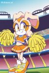 1girl ai_generated anthro bare_arms bare_legs bare_midriff bare_shoulders bare_thighs belly_button cheerleader cheerleader_outfit cheerleader_uniform cream_fur cream_hair cream_the_rabbit furry lagomorph leporid mammal midriff mobians.ai navel pom_poms rabbit rabbit_ears rabbit_humanoid rabbit_tail sega sneakers sonic_the_hedgehog_(series) stadium stadium_background yellow_eyes yellow_sneakers