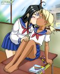 2_girls 2girls blonde_hair blush closed_eyes crossover dark-skinned_female green_eyes kaolla_su kissing legs love_hina oh_my_goddess! palcomix school_desk schoolgirl schoolgirl_uniform skuld yuri