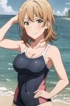  1girl alluring amber_eyes amber_hair auburn_hair beach bikini cleavage competition_bikini isshiki_iroha medium_breasts nios ocean yahari_ore_no_seishun_lovecome_wa_machigatteiru. 