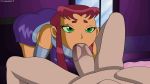 2018 animated animated_gif artist_name bed bedroom bent_over cfnm clothed_female_nude_male dc dc_comics dcau deepthroat drool fellatio gif incogneato looking_at_another looking_up oral saliva standing starfire teen_titans