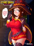  1girl alternate_costume big_breasts breasts brown_hair cosplay dress impossible_clothes kono_subarashii_sekai_ni_shukufuku_wo! megumin minidress my_hero_academia ochako_uraraka revealing_clothes short_hair witch_hat 