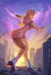  1girl 1girl blonde_hair city cutesexyrobutts giantess looking_at_viewer mini_skirt original panties panty_shot pink_clothing roller_skates thick_thighs tight_clothing 