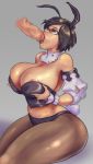 areola areolae_slip black_hair breast_grab breasts bunny_ears bunny_tail bunnysuit cutesexyrobutts detached_sleeves fellatio fellatio final_fantasy final_fantasy_xiv glasses green_eyes huge_breasts midriff navel oral original penis saliva saliva_trail short_hair solo_focus thick_thighs uncenaored