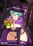 bent_over big_breasts big_breasts blue_eyes blue_hair bulma_brief cape cloak clothed curvy dragon_ball dragon_ball_z green_hair halloween halloween_costume holding_object holidays huge_breasts inviting lantern leggings lipstick looking_at_viewer milf milf mom revealing_clothes smile stockings striped_legwear thick thick_thighs wide_hips witch witch_hat