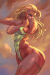 1girl abs bikini blonde_hair cammy_white capcom clothed_navel cutesexyrobutts erect_nipples evening green_eyes highleg_bikini long_hair muscular muscular_female one-piece_swimsuit scar sideboob standing street_fighter stretching swimsuit thick_thighs thighs toned