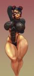 1girl areola arm_under_breasts black_leotard breast_support breasts clothed_navel cutesexyrobutts gradient_background green_eyes highlights huge_breasts leotard looking_at_viewer nipples original solo standing thick_thighs transparent_clothing twin_buns wide_hips