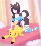  ! 1boy anthro bare_shoulders bed black_fur black_hair blue_clothing blue_hair blue_topwear bottomless canine caught clothed clothing crossdressing dog erection fur furry girly hair hair_over_eye husky inside kino_strife legwear male mammal multicolored_fur multicolored_hair nintendo panties panties_down pattern_clothing penis pikachu pillow plushie plushophilia pok&eacute;mon pok&eacute;mon_(species) re-sublimity-kun rodent shirt shocked stockings striped_clothing striped_panties striped_underwear two_tone_fur two_tone_hair underwear video_games white_fur 