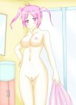 1girl arms bedroom blush breasts breasts_outside digimon legs nude pink_eyes pink_hair pussy rindou_akiho